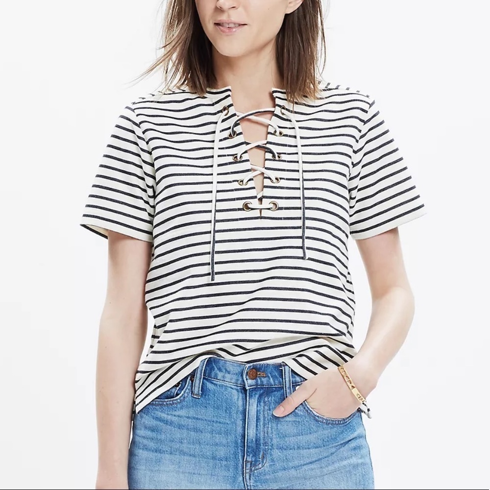 Madewell Navy & Cream Textured Striped Lace Up Short Sleeves Top Size XXS